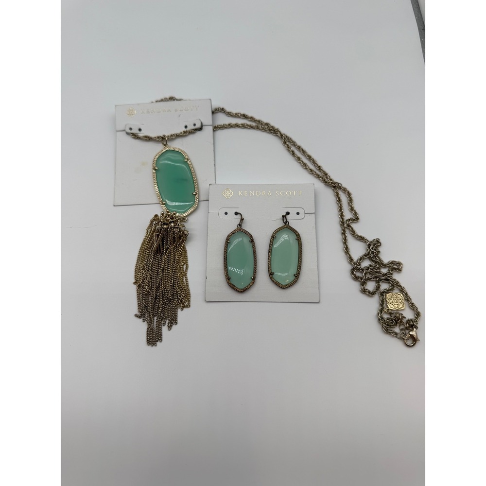 Kendra Scott Rayne Tassel Necklace and Dani Earrings Set Mint Green Gold Tone - Picture 2 of 5